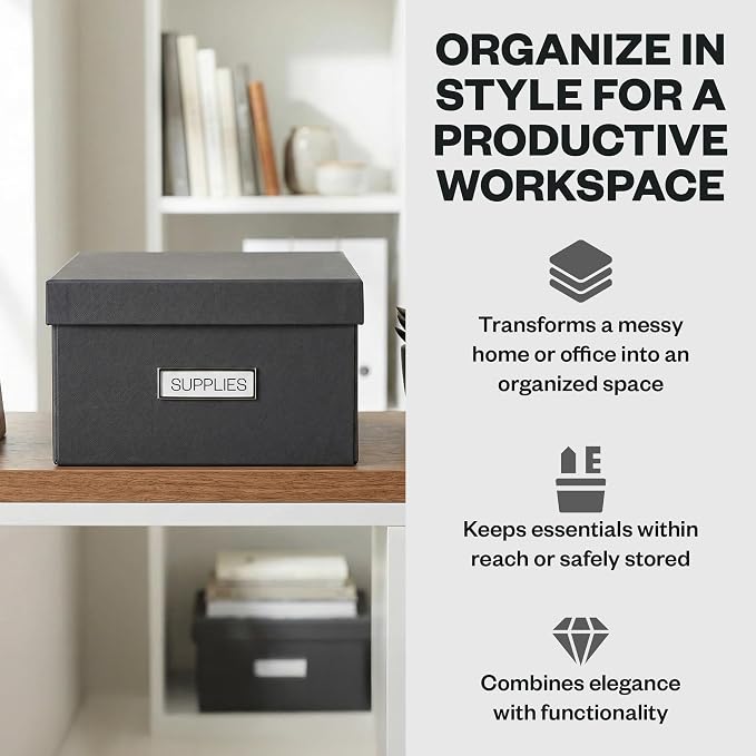 Bigso Box of Sweden Karin Collapsible Storage Box with Labelframe for Easy Identification - Simple Assembly Without Tools - Decorative Storage Boxes with Lids - 8.9in x 12.4in x 5.4in - Dark Gray
