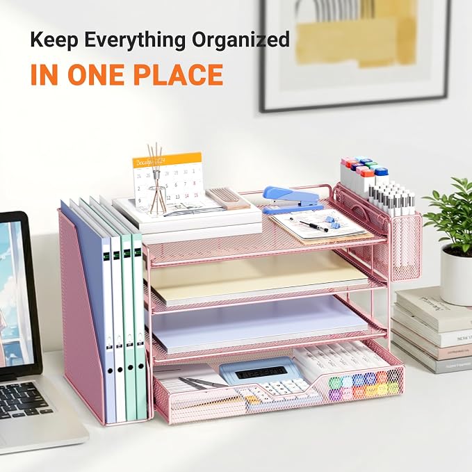 OPNICE 4-Tier Desk Organizer with Drawer & Pen Holder, Office Desk Accessories and Office Decor for Women, Paper Tray File Organizer for Home Office Workspace Supplies, Pink
