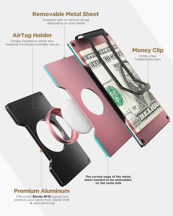 VULKIT Men's Metal Wallet with Money Clip, Slim Credit Card Holder with Airtag Holder, Minimalist Front Pocket Wallet for Men(Rose Gold)