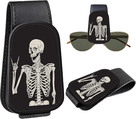 Leather Magnetic Sunglass Holder for Car Sun Visor, Cute Eyeglass Ticket Card Hanger Clip, Universal Auto Interior Accessories for SUV Pickup Truck, Skeleton