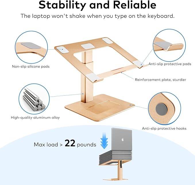 Laptop Stand for Desk, Ergonomic Sitting and Standing Laptop Riser for Notebook MacBook 11-17 Inches，DJ Laptop Stand Adjustable Height from 7-15 Inches Aluminum(Gold)