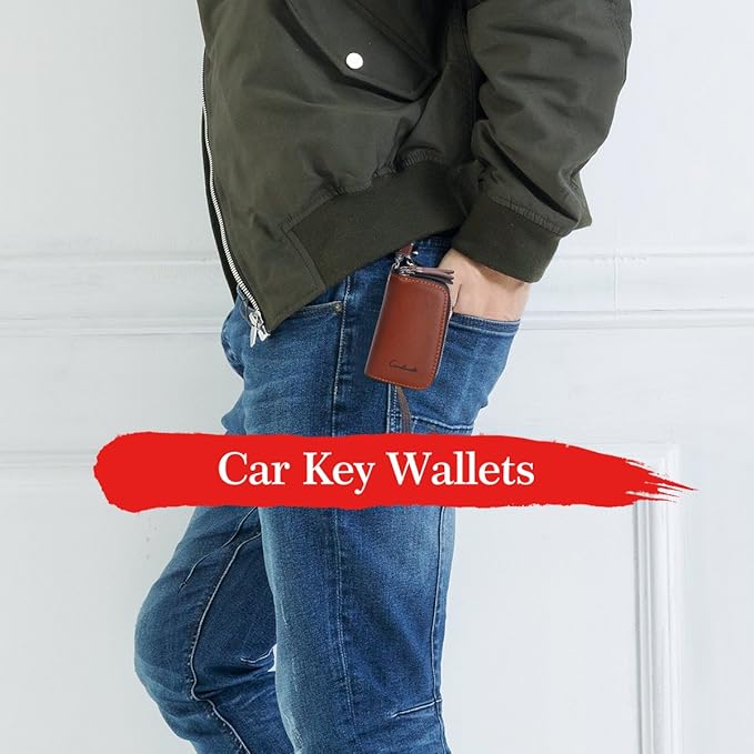 CONTACTS Car Key Case Small Leather Double Zipper Key Holder with 4 Keyrings Keys Organizer for Men Women