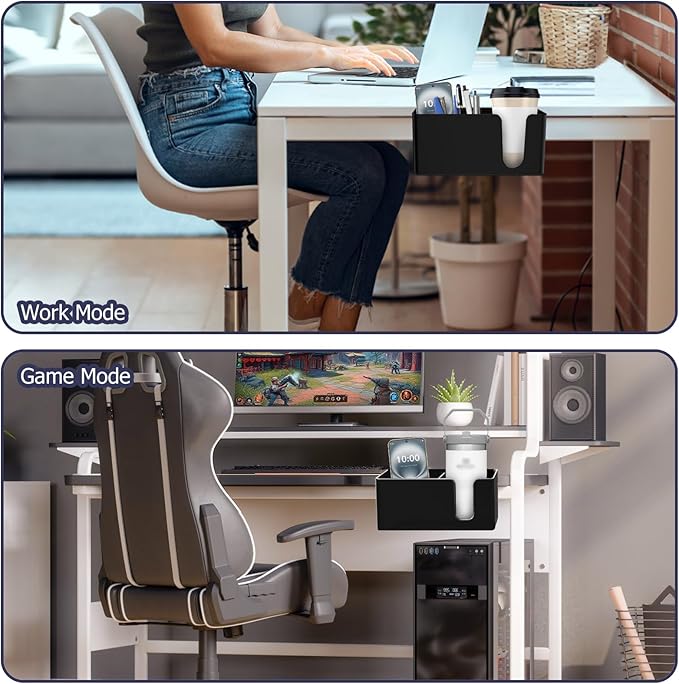 Yinqster 3-in-1 Clamp on Desk Organizer Cup Holder with Flexible Slots,Detachable Under Desk Storage for Cup, Phone & Pen,Computer Accessories and Office Supplies,Space Saving
