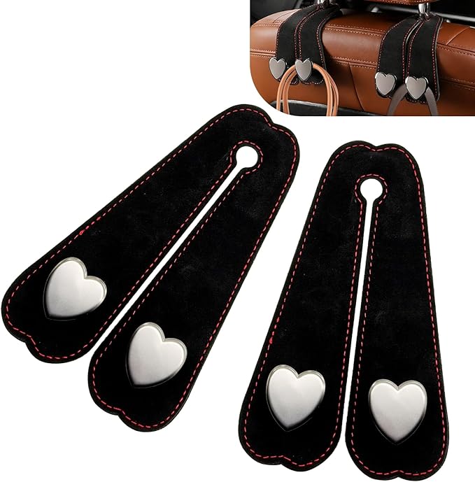 2PCS Car Seat Hooks, Car Back Seat Headrest Hooks, Suede Heart-Shaped Double Hooks Headrest Organizer, Auto Accessories Heavy-Duty Multi-Functional Back Seat Phone Holder for Most Vehicles