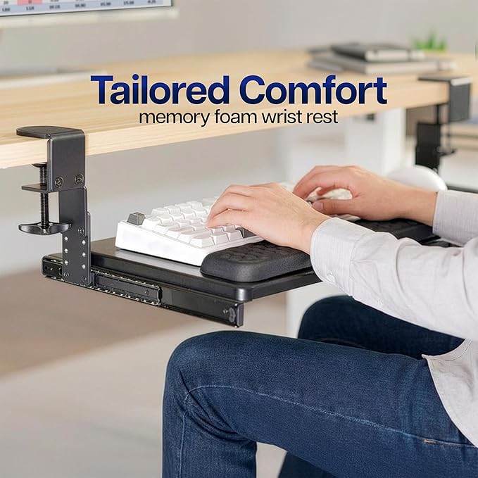 VIVO Large Height and Width Adjustable Under Desk Keyboard Tray, C-clamp Mount System, 22.5” to 30” (28.5” to 36” Including Clamps) x 11 inch Slide-Out Platform for Typing, Black, Mount-KBST1