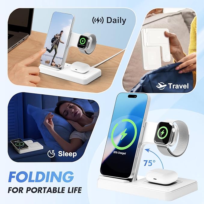 Wireless Charging Station for Apple Devices: 3 in 1 Foldable Qi Compact Case-Friendly Charger Stand for iPhone 17-12 & Apple Watch & AirPods Charging Dock for Travel Home Office Desk Nightstand(White)