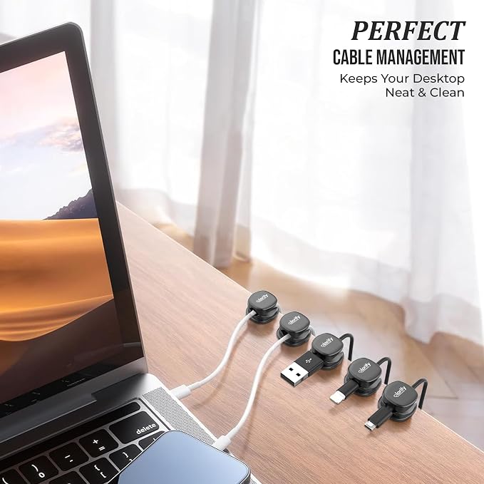 12 Pack Rotatable Spring Cable Clips, Adhesive Cord Organizer for Charging Cords, Phone Charging Clips, Laptop, Nightstand & Desk Cable Management for Home & Office Use (Black)