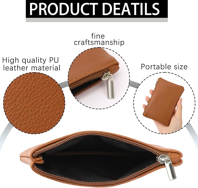 KALIONE 2 Pack Coin Purse, Portable PU Leather Coin Purse with Zipper Coin Purse Mini Change Purse Small Coin Purse for Women Credit Card Folded Bills ID Key(Black&Light Brown)