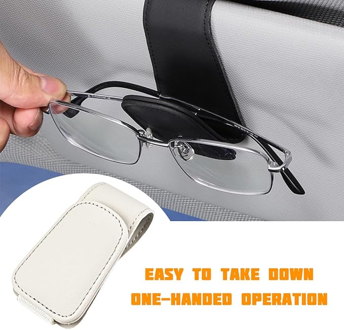 Sunglasses Holder for Car Visor, Microfiber Leather Magnetic Sun Visor Eyeglasses Hanger & Ticket Card Clip, Multi-Function Automotive Interior Glasses Mount, Universal Fit (Light Beige)