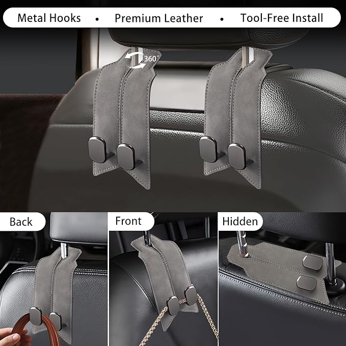 2Pcs Car Headrest Hooks with Premium Leather, Upgraded Double Metal Hooks with Anti-Drop Design, Universal Back Seat Hanger for Bags, Coats, Purses and Groceries (Classic Gray)
