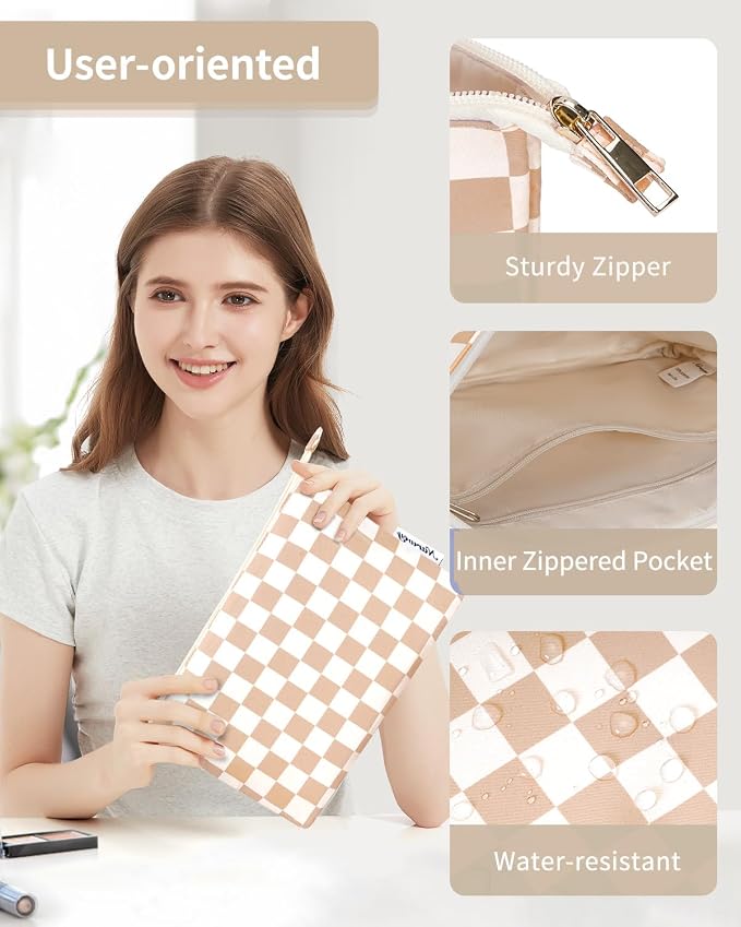 Narwey Small Checkered Makeup Bag for Purse Small Cosmetic Bag Women Travel Makeup Pouch Zipper Pouch (Light Checkerboard)