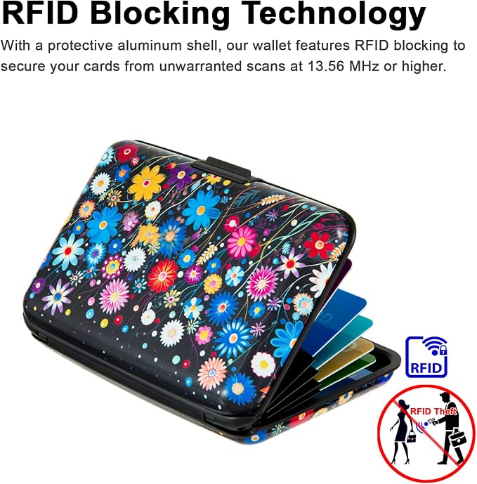 Credit Card Holder for Women Men RFID Blocking Wallet Small Business Metal Slim Mini Aluminum Hard Case (Colorful Flowers)