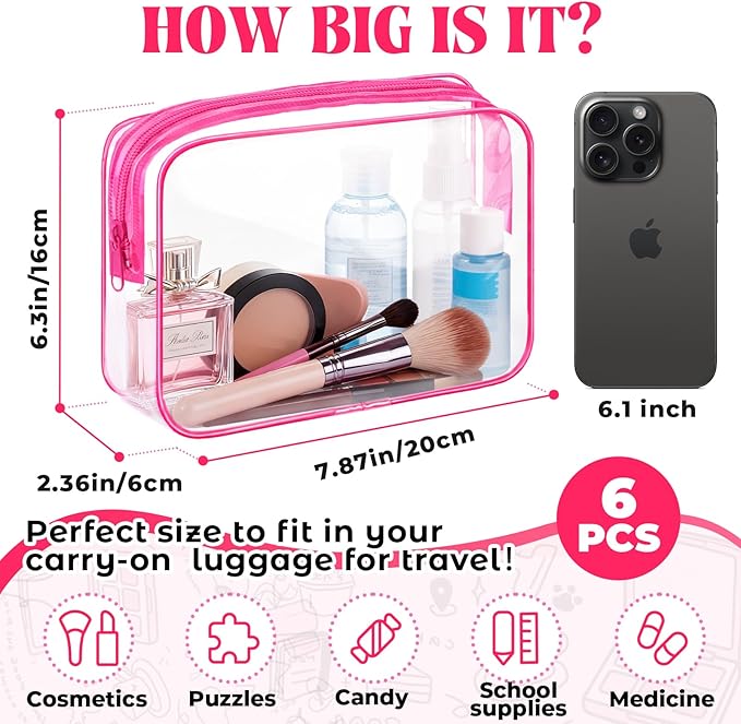 6 Pieces Clear Makeup Bags Bulk TSA Approved Toiletry Bag for Travel PVC Waterproof Clear Cosmetic Pouch with Zipper for Men and Women Carry-on Travel Essentials (Rose Red)