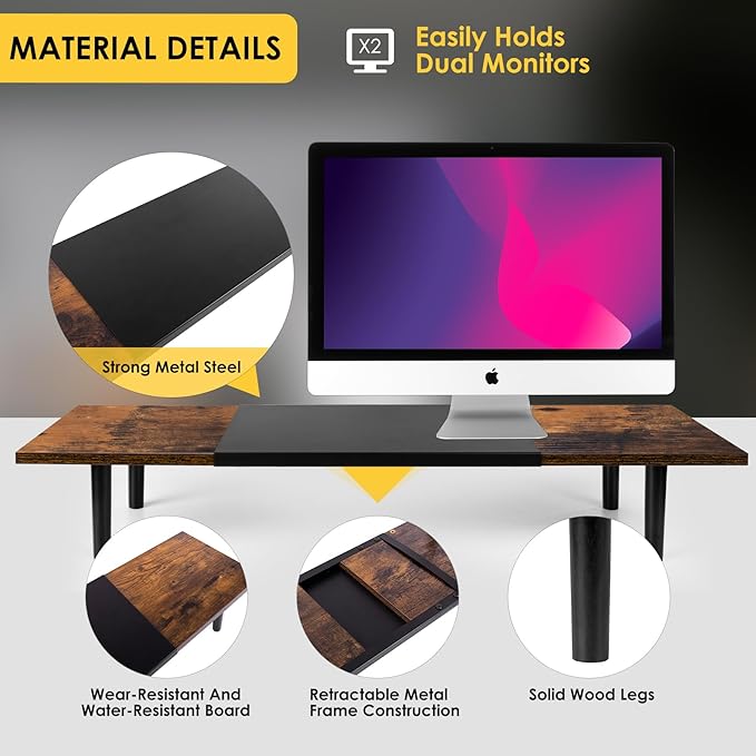 Dual-Monitor-Stand-Riser-For-Desk Adjustable Length 32-40 Inch，Large Desktop Computer Monitor Riser For 2 Screens，Desk Shelf Organizer Riser Stand For Computer/Laptop/PC/Printer/TV Black