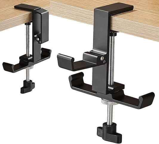 JAKO Headphone Stand for Desk, 3 Hooks Aluminum Alloy Headphone Holder (1 Foldable+2 Fixed) Space Saving Headset Stand Hook, Universal Fit PC Gaming Headsets Holder Desk Clamp for Office/Game Table