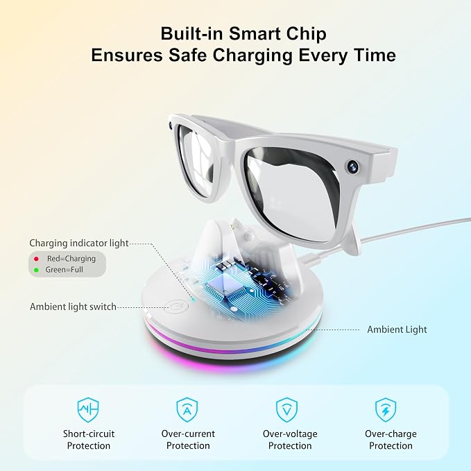 Charging Dock for Ray-Ban Meta Smart Glasses,Charging Station Compatible with Wayfarer, Skyler, Headliner & Oakley HSTN,Smart Glasses Accessories with LED Indicator,Ambient Lighting,White