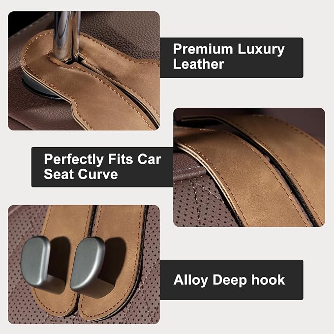 CoBak Purse Hook for Car - Universal Premium Stitched Leather and Aluminum-Magnesium Alloy Double Car Seat Back Storage Hook for Purses, Handbags, Bags (2 Pack),Brown