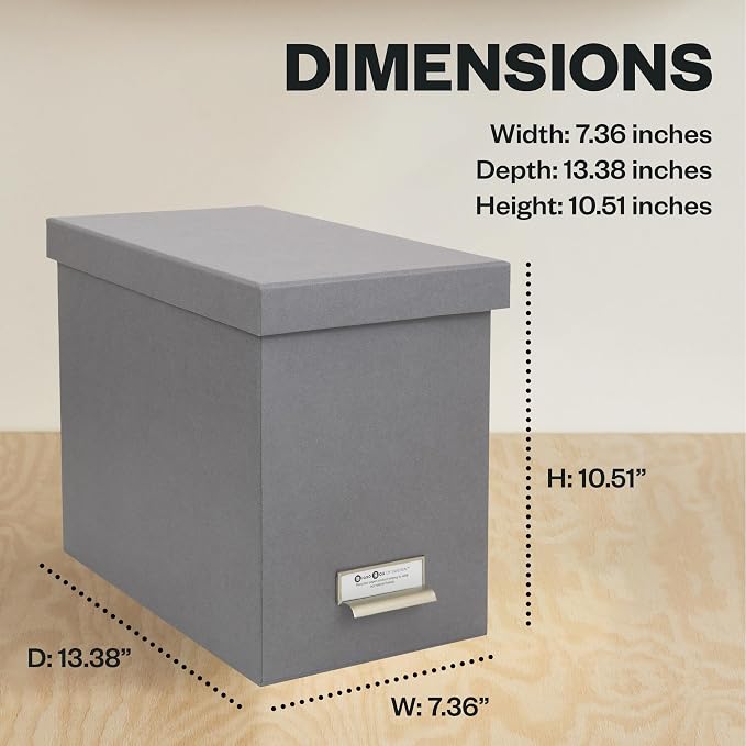 Bigso John Fiberboard Label Frame Desktop File Storage Box - Document Organizer for Important Paperwork - Durable Hanging File Box with a Lid & Metal Label Window - 7.36 x 13.38 x 10.51 in - Grey