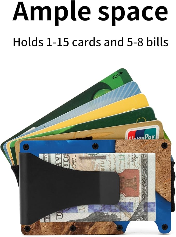 Slim Wallet for Men,RFID Blocking Minimalist Metal Wallet, Money Clip/Cash Holder, Front Pocket Aluminum Credit Card Holder, Ideal Gift for Men,Resin Dark Blue Wood