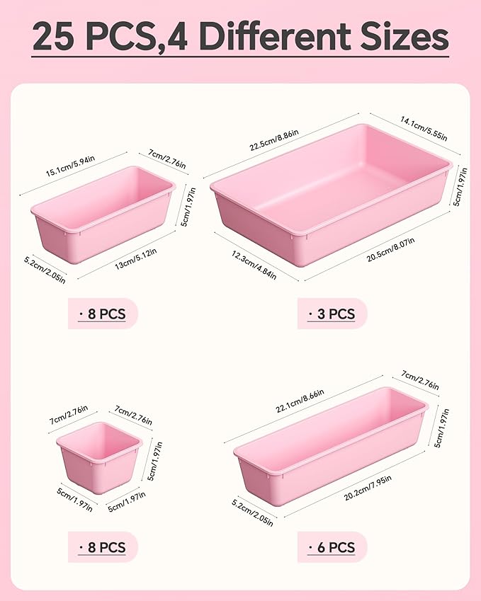 KEMETHY 25 PCS Plastic Drawer Organizers Set, 4 Sizes Vanity Organizer, Makeup and Desk Drawer Organizer Trays, Organization and Storage for Makeup, Bathroom, Kitchen Utensils and Office (Pink)