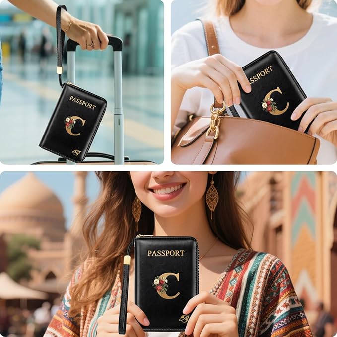 Passport Holder Cover Wallet with Zipper Personalized Initial Letter C Rose Flower RFID Blocking Travel Wallets Credit Cards Holder for Women, Gift for Wife and Girlfriend,C