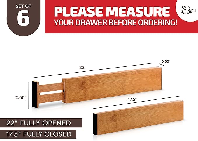 6 Pack Bamboo Drawer Dividers - 17" to 21.5" Expandable Adjustable Drawer Organizer for Kitchen Utensils, Large Kitchen Drawer Divider, Clothes, Dresser, Bedroom, Bathroom & Desk Drawer Separator Set