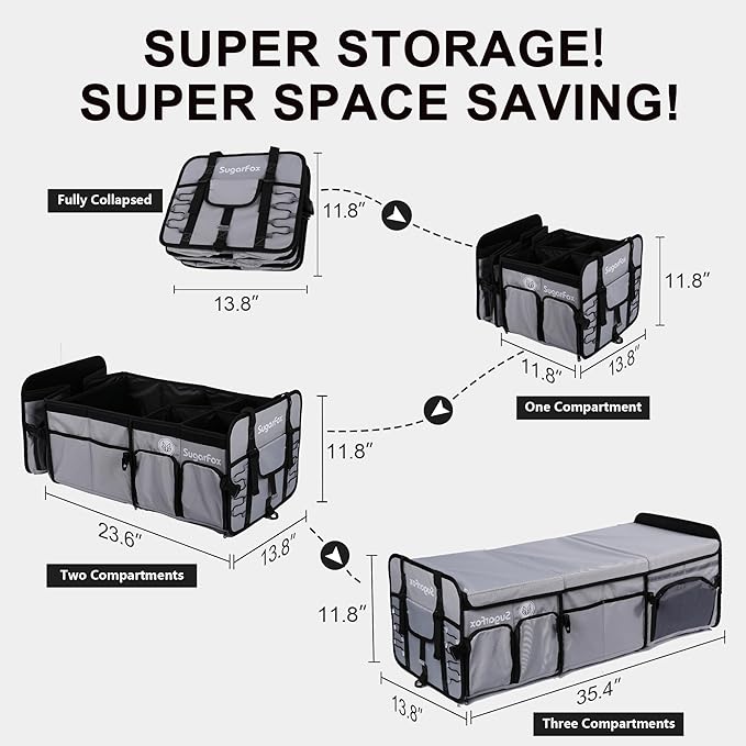 SugarFox Bold Color Block Trunk Organizer | 95L, 35"x13.8"x11.8" | Dedicated Shoe Storage & 26L Ice Pack | Foldable for SUV/Car/Jeep | Car Accessories for Men & Women - Gray-X212