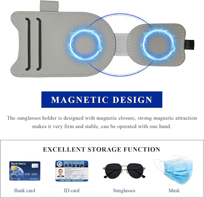 Sunglasses Holder for Car Visor, Magnetic Auto Sun Visor Organizer with Ticket & Pen Clip, Multi-Pocket Leather Eyeglass Clip Interior Accessories for Most Vehicles (Gray)