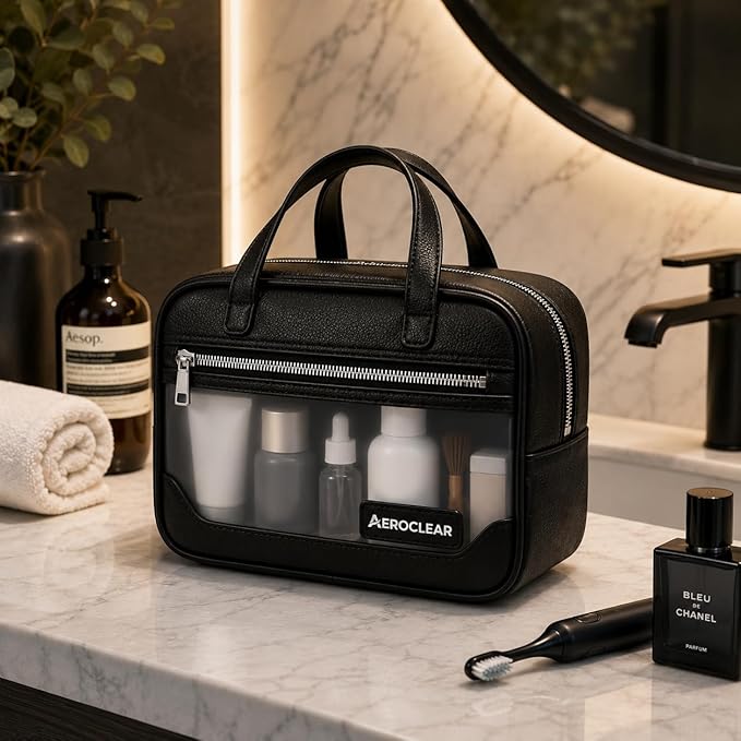 Premium Clear Toiletry Bag, TSA Approved Waterproof Organizer | Rigid structure, clear visibility, 3-compartment organization, sleek black finish