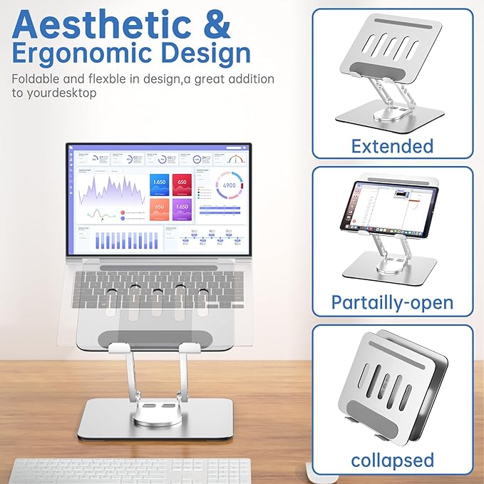 Laptop Stand for Desk Adjustable Computer Stand with 360 Rotating Base Ergonomic Laptop Riser Mount for Desk Foldable Protable Computer Desk Fits with MacBook Pro Air, Rectangle