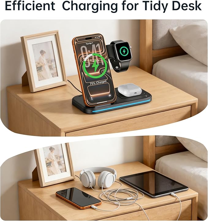 [Qi] 3 in 1 Charging Station for iPhone, 21W Wireless Charging Station, Stand Multiple Devices for Apple, for iPhone 17 16 15 14-8 Pro Max, Watch, AirPods 4 3 Pro, Nightstand, Desk, Trip, Gift
