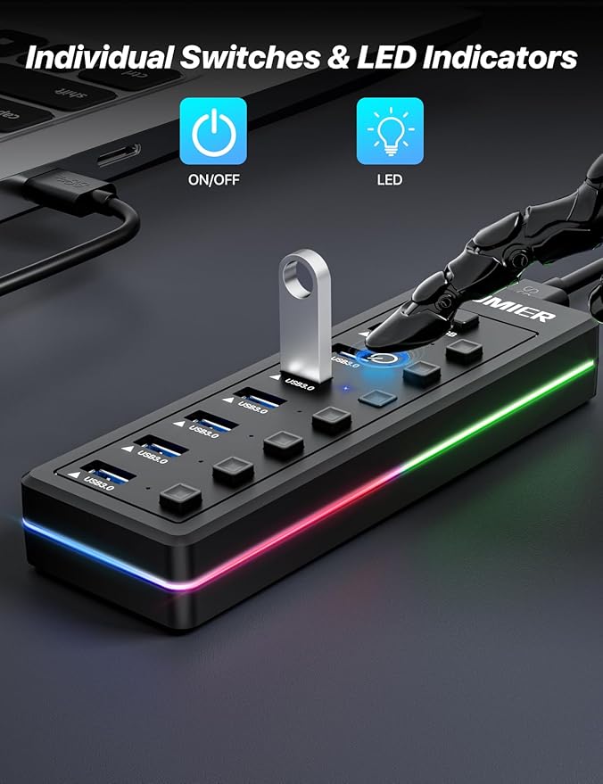 USB Hub 7 Port, USB 3.0 Hub with RGB LED Strip -USB 3.0 Data Transfer Ports,Individual LED On/Off Switches for Laptop, PC, Mouse, Keyboard, Hard Drive or More USB Devices.