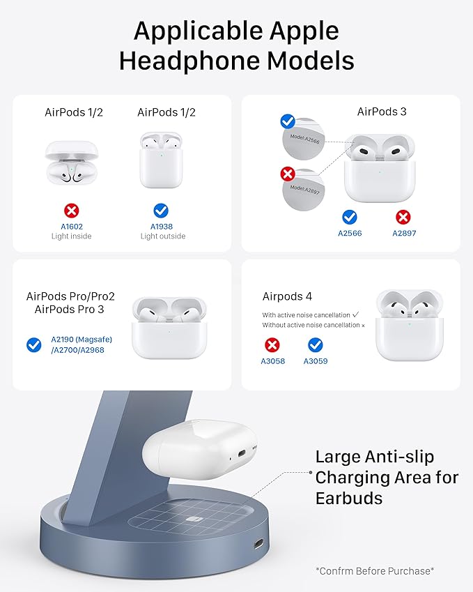 Anlzm 3 in 1 Charging Station for iPhone, Wireless Charger for iPhone 17 16e 16 15 14 13 12 11 X Pro Max & Apple Watch - Charging Stand Dock for AirPods (Blue)