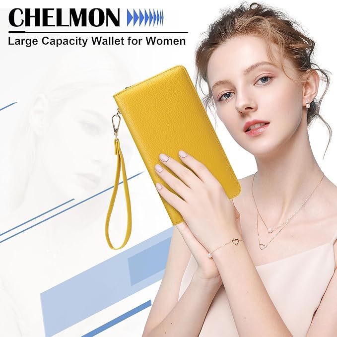 Chelmon Women's Vegan Leather Clutch Wallet with Zip, Hand Strap, Large Capacity