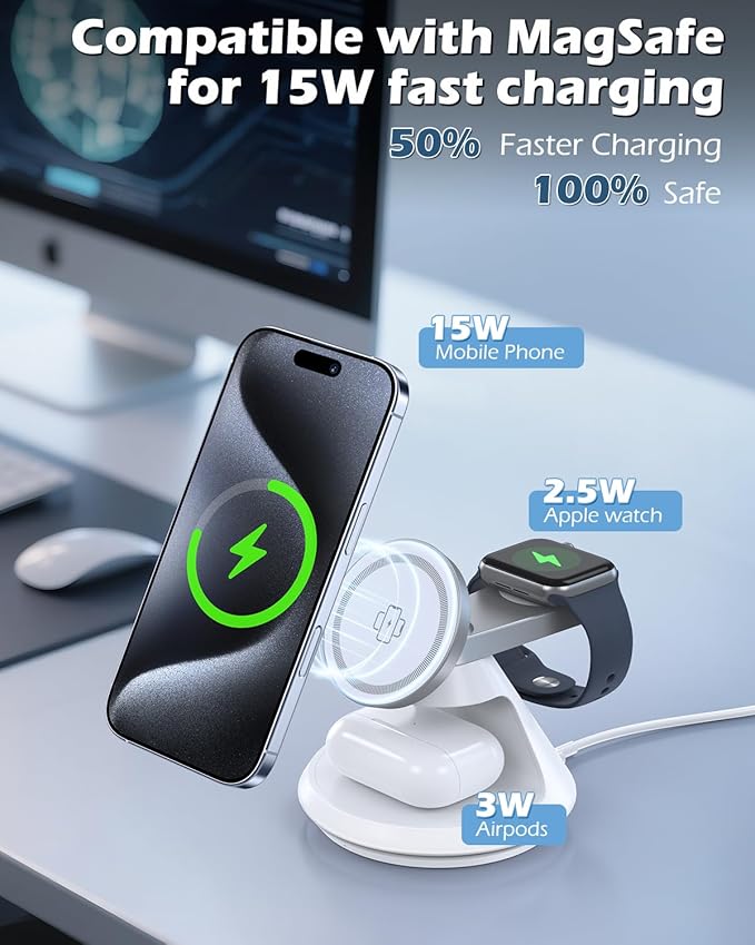 3 in 1 Charging Station for Apple MagSafe Charger Compat, 15W Magnetic Wireless Charger Stand, 360° Rotating Dock, Wireless Charging Station for iPhone 17 16 15 14 13 12 Series for iWatch for AirPods