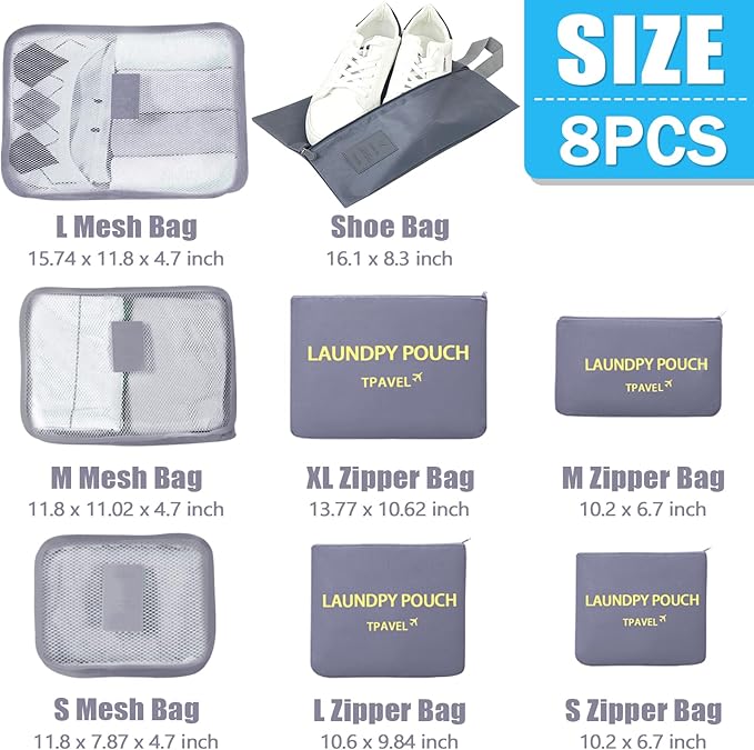 8 Set Packing Cubes for Travel Luggage Packing Bags Reusable Waterproof Suitcase Organizer Cubes Set with Shoe Bag and Toiletry Bag (Grey)