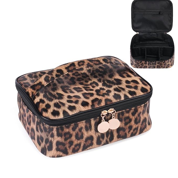 Makeup Bag Travel Large Toiletry Bag Leopard Portable Cheetah Printed Cosmetic Organizer Pouch with Small Brush Storage Case Gold Zipper Waterproof Adjustable Dividers for Women,8.7x7.1x3.4inch