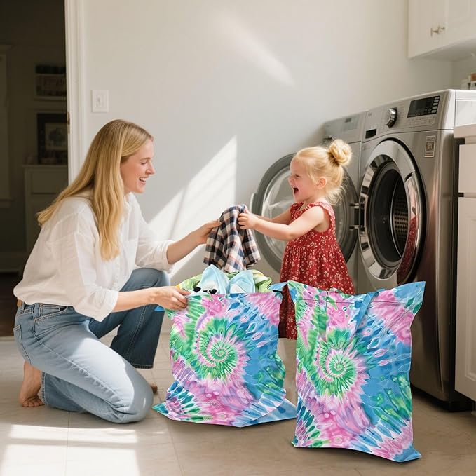 Travel Laundry Bags 2 PC Wet Dry Bag with Handle Dirty Clothes Organizer for Swimsuits Beach Camping Waterproof Washable Tie Dye Blue Green Pink