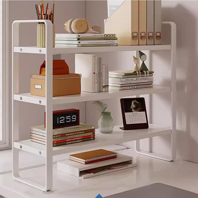 Gtzly 3 Tier Desktop Bookshelf Metal Frame Wood Board Rack Shelves Plant Stand for Kids Stationery Organizer Living Room Storage Office Display(White,60 * 20 * 60cm)