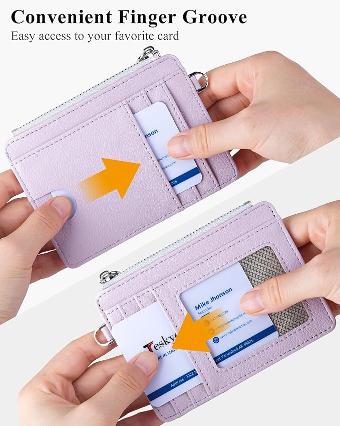 Teskyer Slim Card Holder Wallet with Zip Pocket, RFID Blocking, Total 9 Compartments Large Capacity, 3.5" x 4.7" (Slight Larger Than Usual), Faux Leather - Lilac