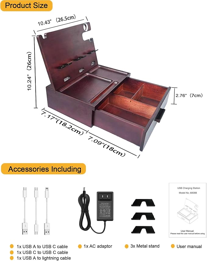Wood Phone Docking Station with Drawer Built in 4 USB Charger, Nightstand Organizer with Dual Phone Charging Station for Apple Android Phones Anniversary Birthday Gifts for Men Dad Hunsband Mom