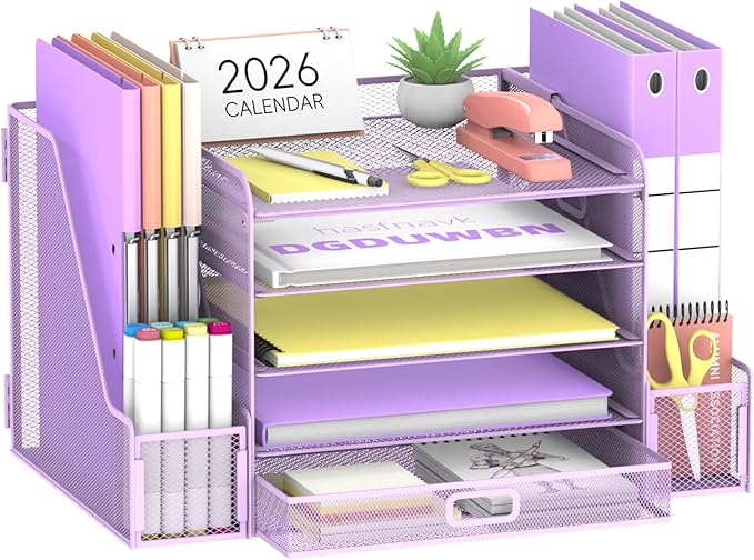 SUPEASY Mesh Desk Organizer with File Holder, 5-Tier Paper Letter Tray Organizer with Magazine Holder, Desktop Organizer and Storage with Drawer for Office Supplies Home or School (Purple)