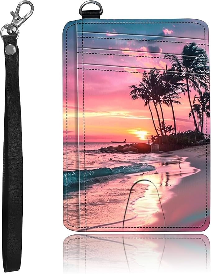 Slim Minimalist Front Pocket Wallet,Credit Card Holder Wallet for Women Men,RFID Blocking Credit Card Holder Case Leather Cute Small Thin Wallet ID Window&Wrist Strap,Pink Sunset Beach