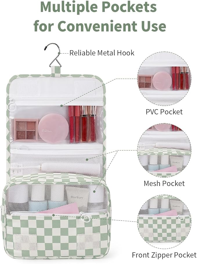 Narwey Small Hanging Travel Toiletry Bag for Traveling Women, Checkered Travel Bag for Toiletries, Makeup Bag Organizer Make Up Cosmetic Bags, Gifts for Kids Teen Girls (Mint Green Checkerboard)