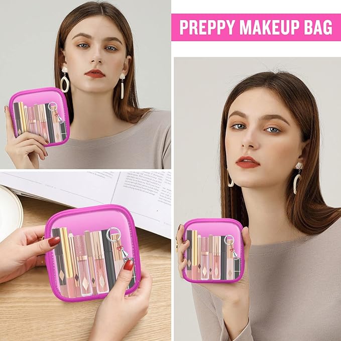 Mini Clear Travel Makeup Organizer Bag for Purse, Small Cute Makeup Bag Preppy Cosmetic Zipper Pouch Purse, Transparent PVC & Nylon Coin Pouch Sanitary Napkin Storage Bag for Women Men Girls(Hot Pink)