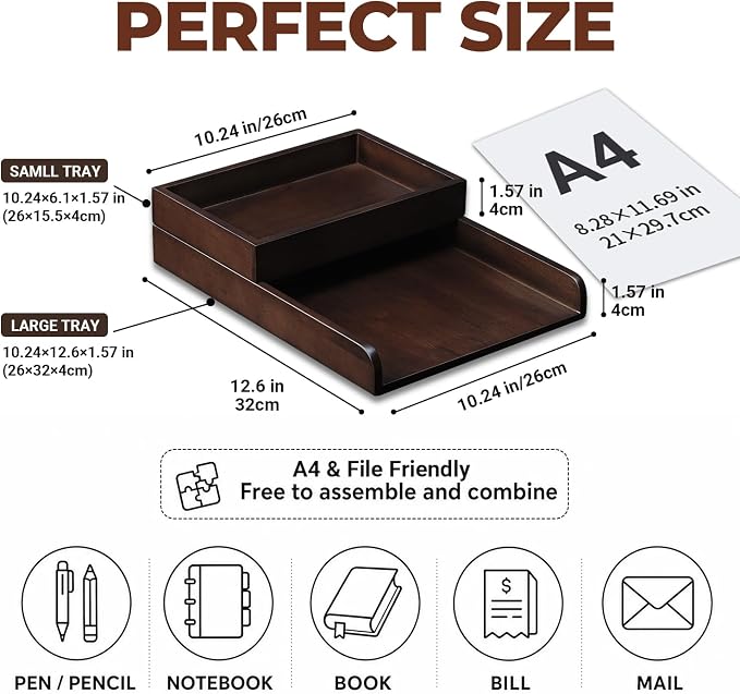 Wooden Desktop File Organizer, 2-Tier Detachable Solid Wood Paper Tray for A4 Paper Documents Letter Bill Notebook Stationery, Multi Modular Desk Storage Tray for Home Office Cubicle School