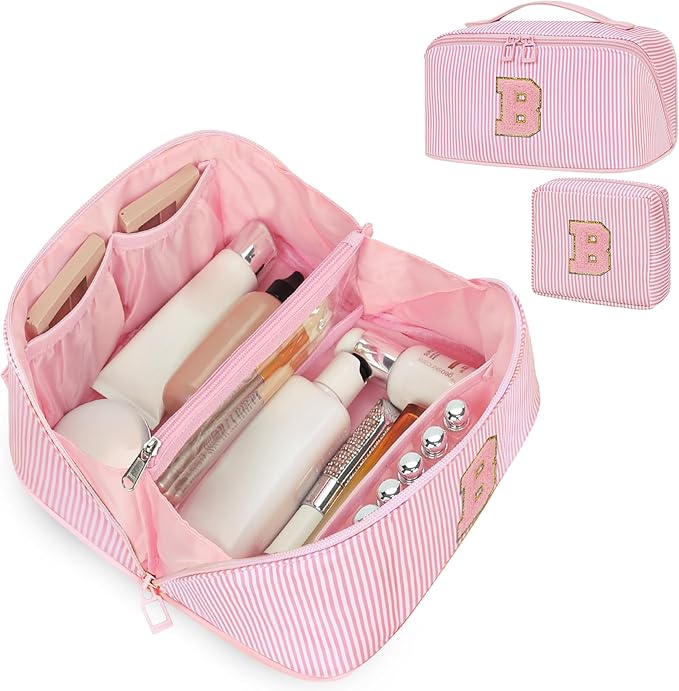 Initial Makeup Bag, Personalized Cosmetic Bag, 2Pcs Large Capacity Make Up Bag for Women, Open Flat Make up Cosmetic Organizer with Handle,Portable Make Up Organizer Pouch for Women - B