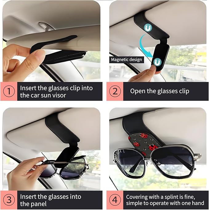 Sunglasses Holder for Car Visor, PU Leather Glasses Clip Organizer, Cute Magnetic Eyeglass Holder for Vehicle Sun Visor, Car Interior Accessory for Women & Men Rainy Ladybug Black