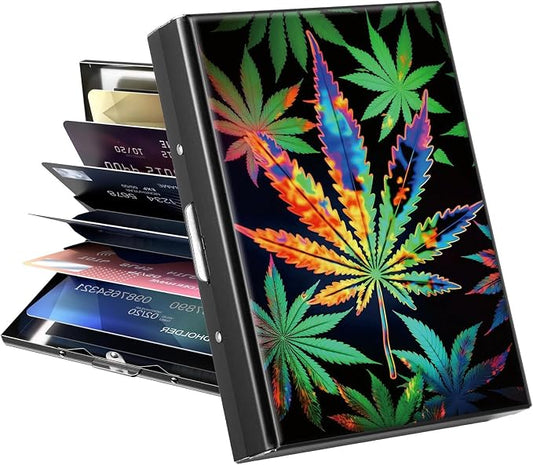 Metal Wallet for Women Men Girls, RFID Blocking Slim Aluminum Credit Card Holder, Mini Travel Wallet with Hard Shell, Lightweight ID & Business Card Case,Marijuana Leaf Weed