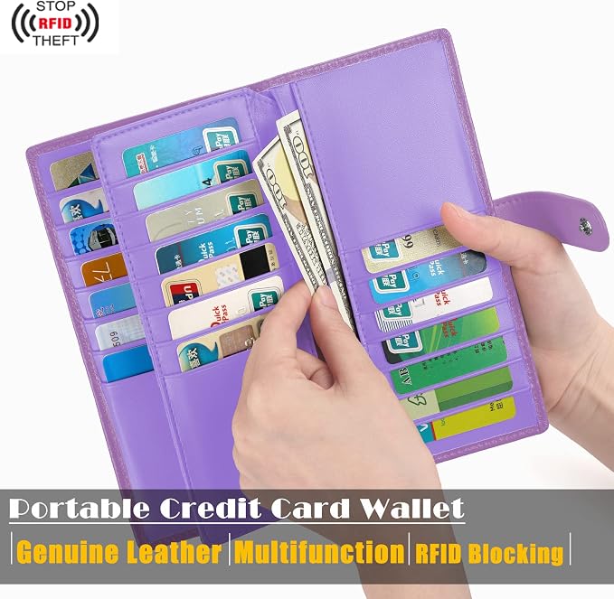 Womens Wallet Genuine Leather Credit Card Holder Wallet for Women with RFID Blocking (Purple)